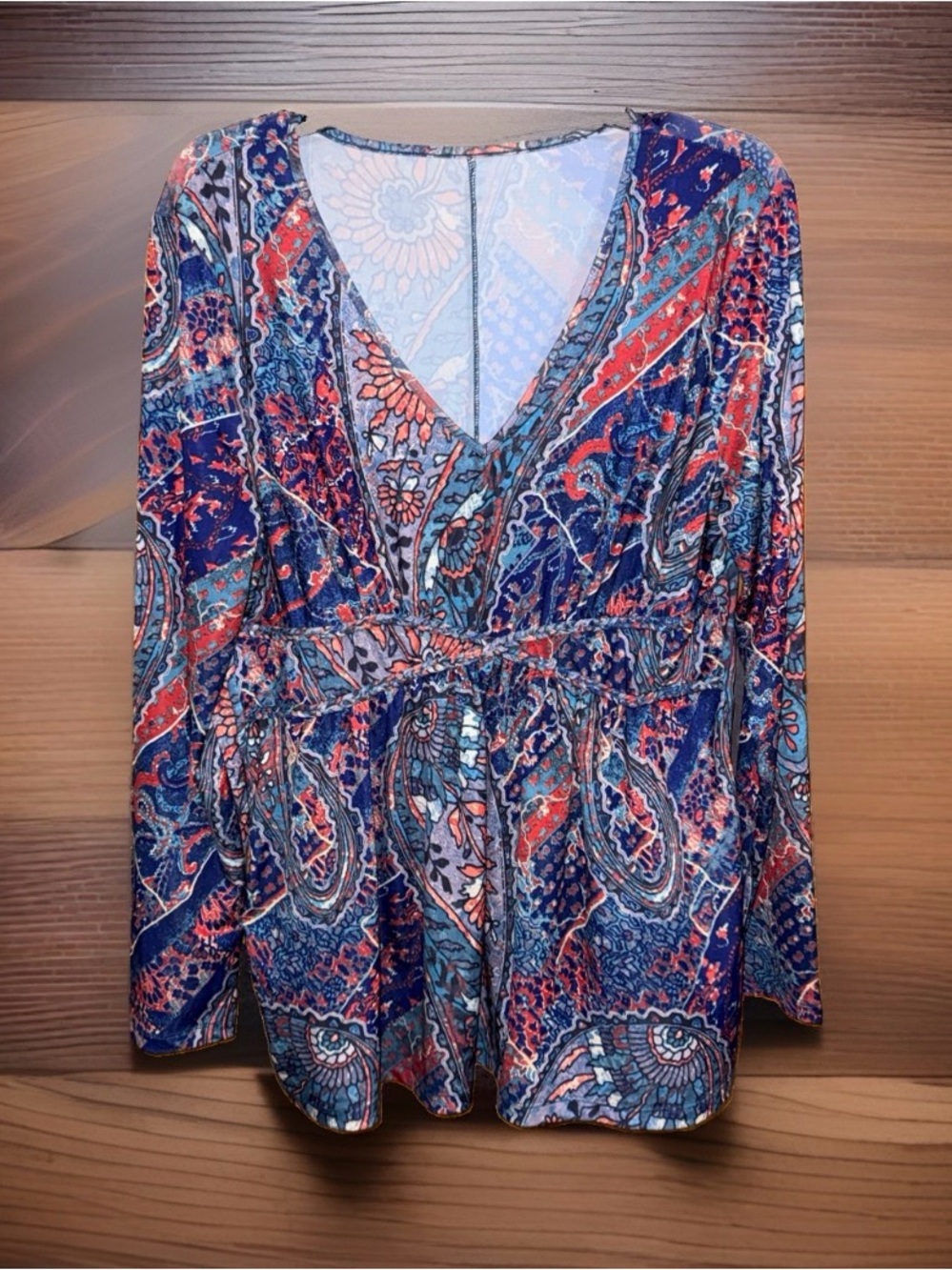 Avon Fashions Long Sleeve V-Neck Paisley Braided Waist Accent Blouse- L- EC
